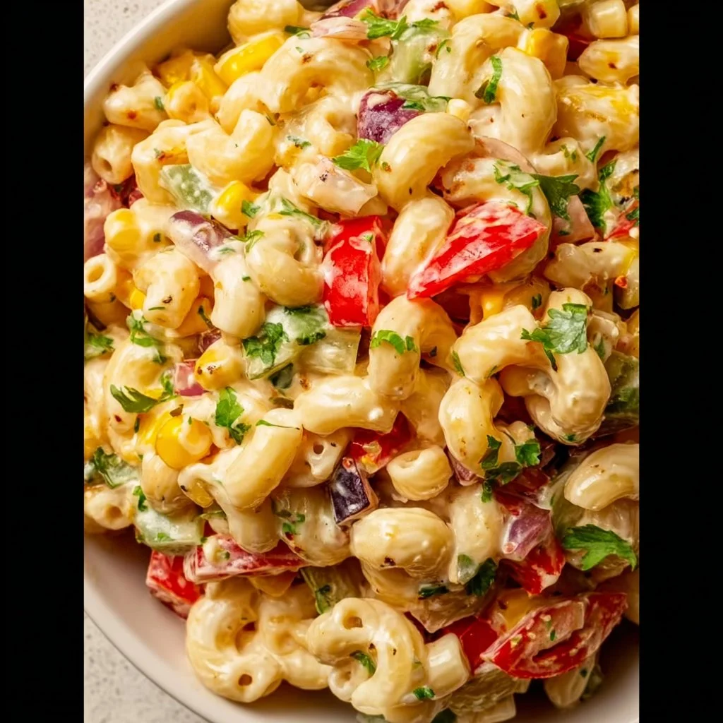 Bowl of vibrant Mexican Macaroni Salad with fresh vegetables and spices.