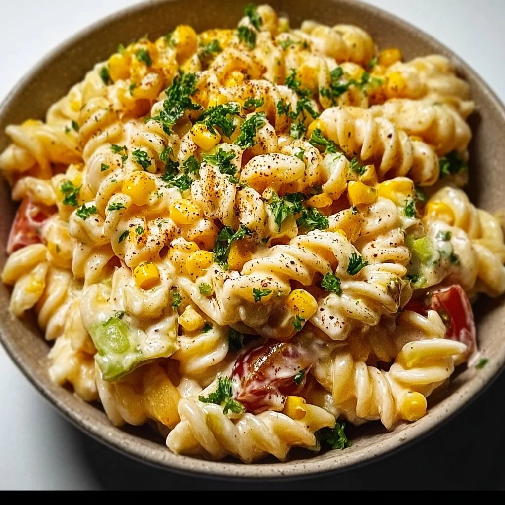 Mexican Street Corn Pasta Salad served in a vibrant bowl, garnished with fresh herbs.