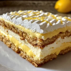 No-Bake Lemon Eclair Cake topped with lemon glaze and whipped cream.