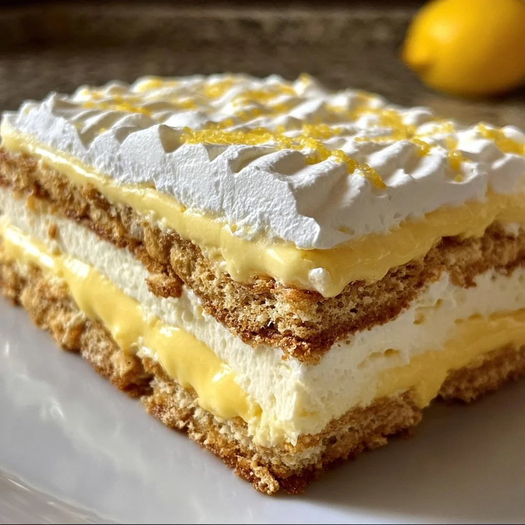 No-Bake Lemon Eclair Cake topped with lemon glaze and whipped cream.
