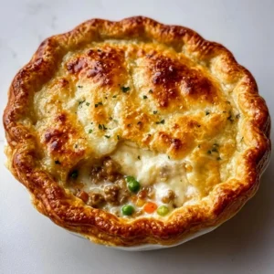 Delicious homemade Pizza Pot Pie served in a buttery crust
