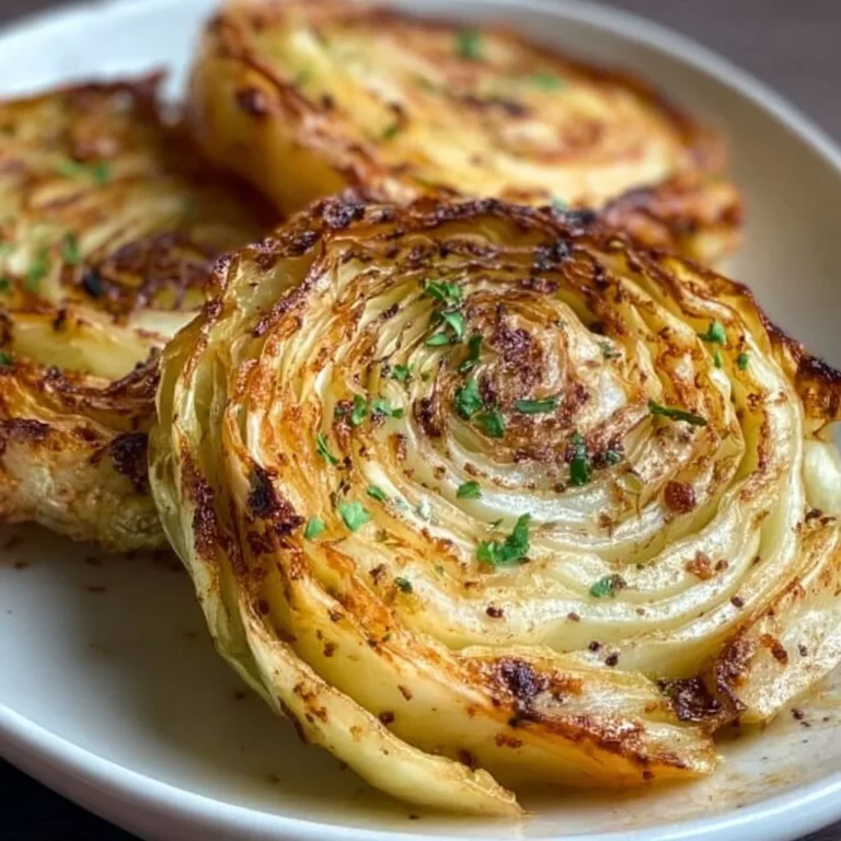 Delicious roasted cabbage steaks served with herbs and spices on a plate.
