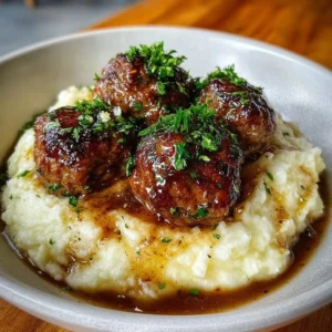 Salisbury steak meatballs served with garlic herb mashed potatoes on a plate