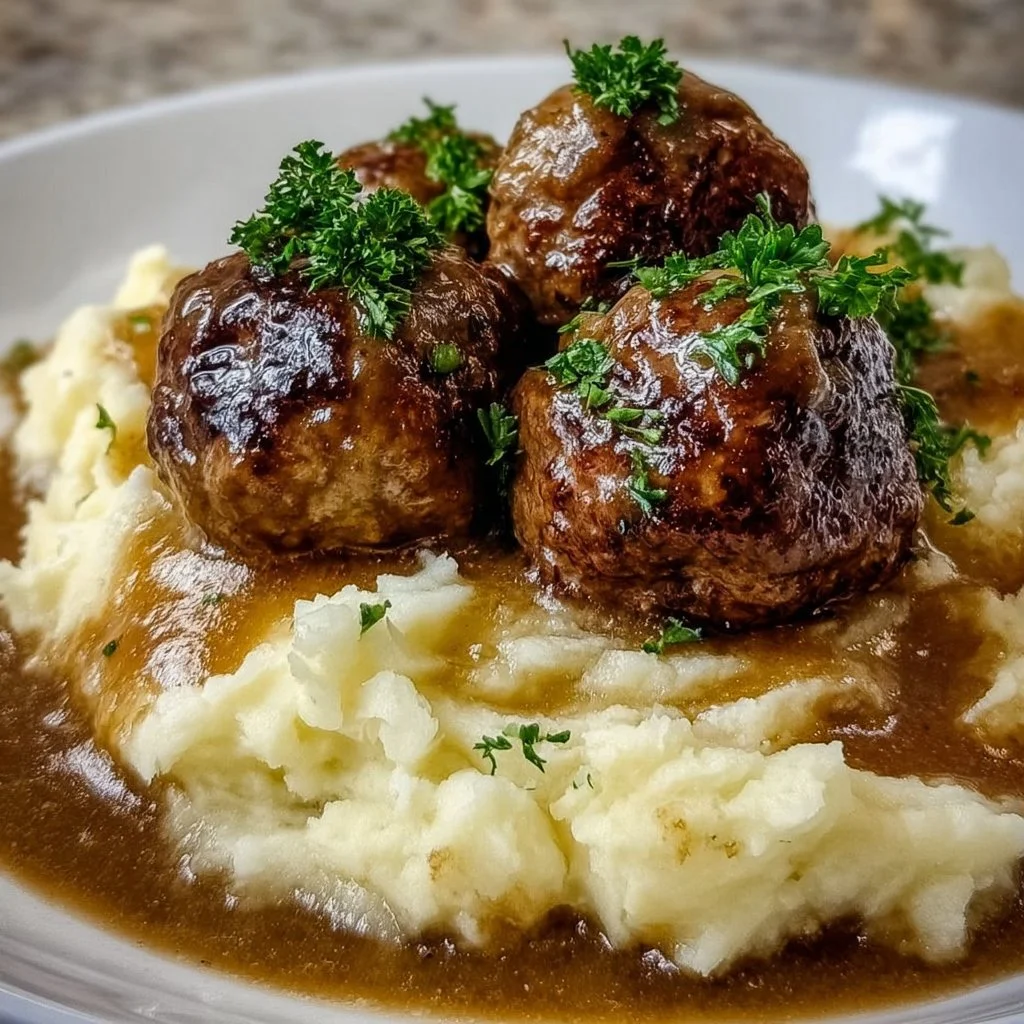 Salisbury Steak Meatballs with Garlic Herb Mashed Potatoes