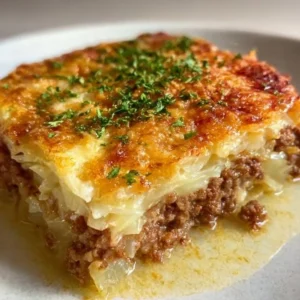 Delicious sauerkraut casserole featuring ground beef, topped with cheese.