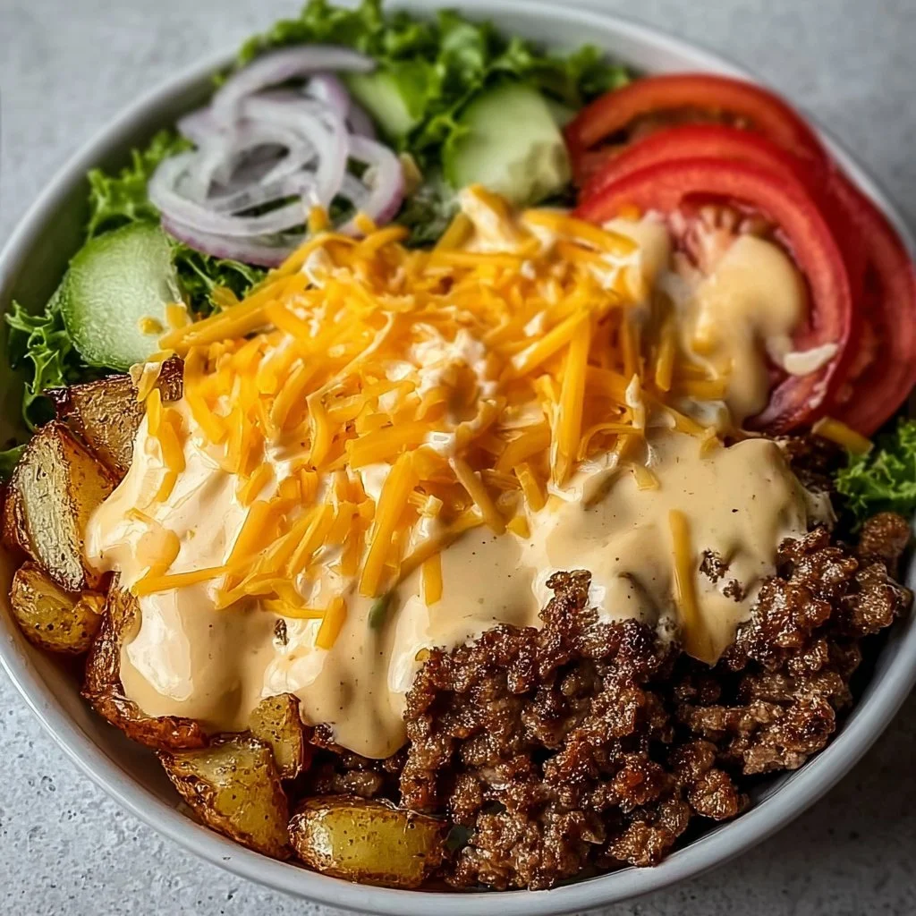 A delicious Smash Burger Bowl with juicy patties and fresh toppings.