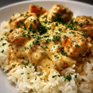 Plate of smothered chicken served with rice and savory gravy