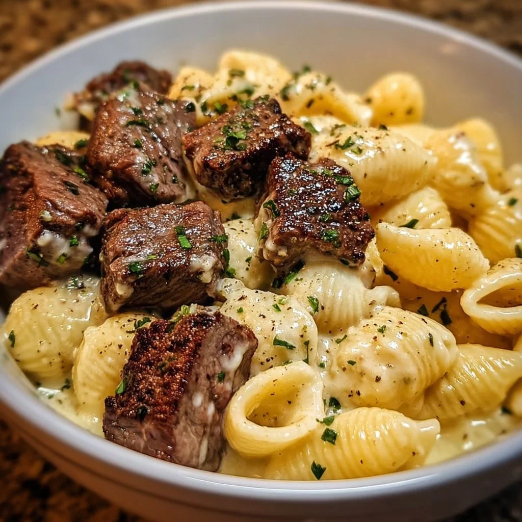 Steak bites with shell pasta in garlic butter Alfredo sauce
