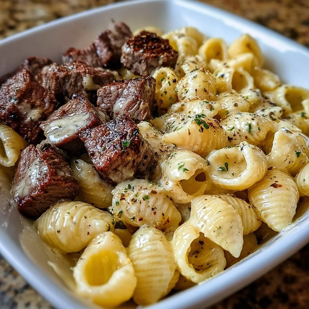 Steak Bites and Shell Pasta in Garlic Butter Alfredo Sauce