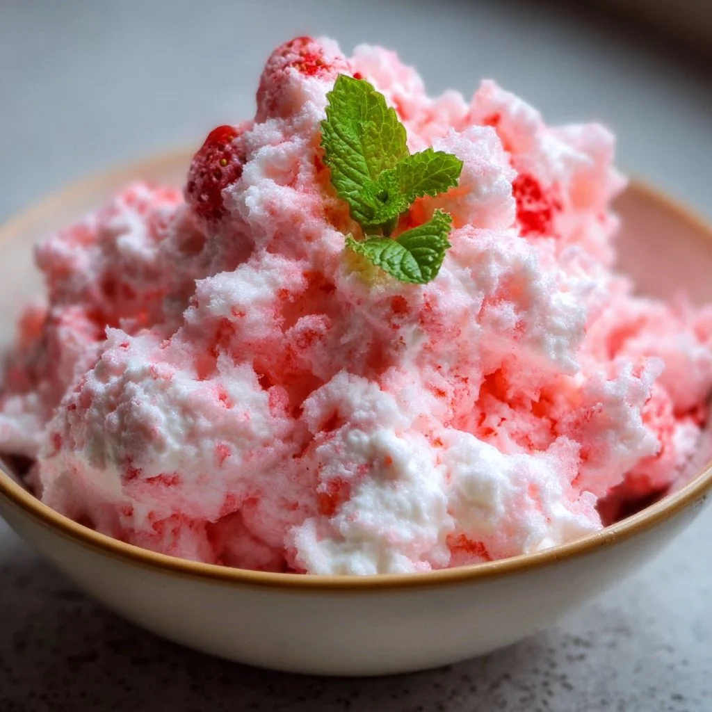 Delicious Strawberry Cotton Candy Salad with fresh strawberries and fluffy cotton candy
