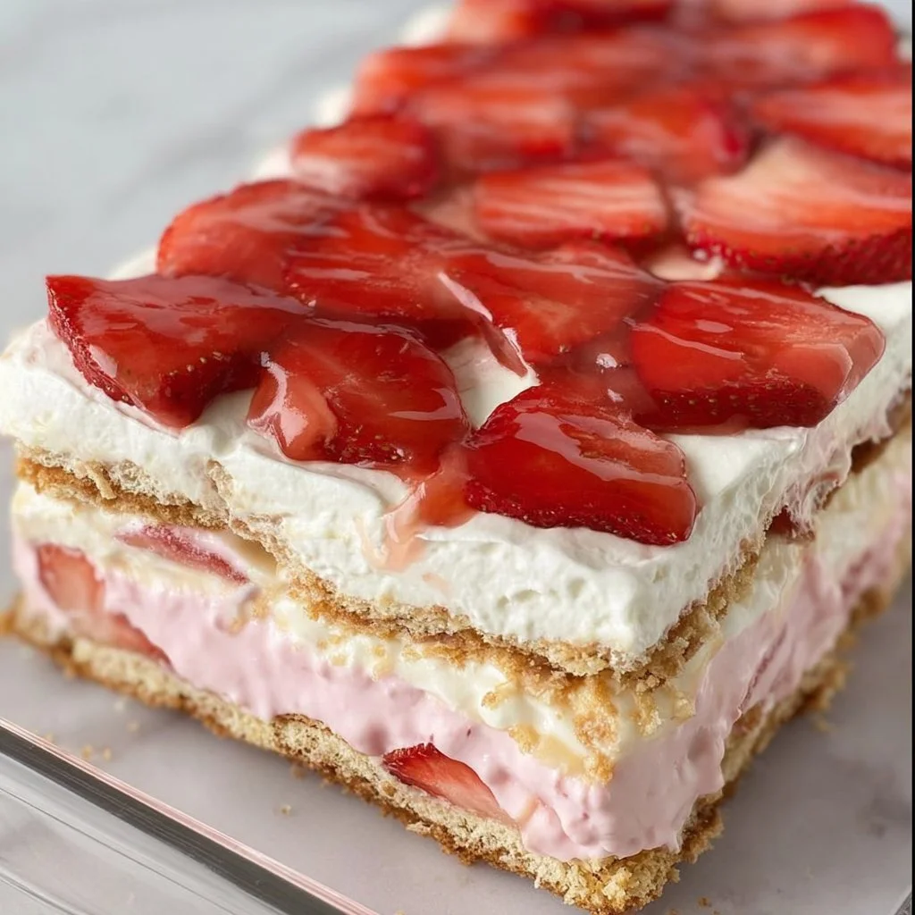 Delicious strawberry eclair cake with layers of cream and fresh strawberries
