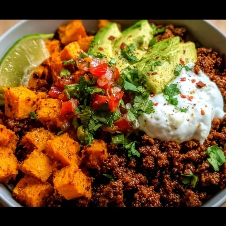 Colorful sweet potato taco bowl topped with fresh ingredients and avocado.