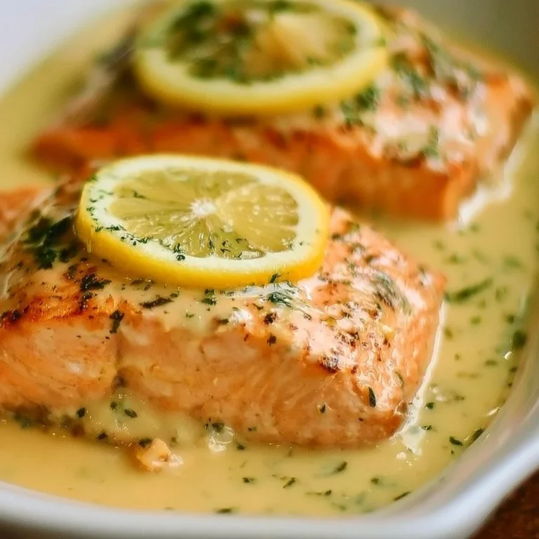 Baked salmon with lemon butter cream sauce served on a plate