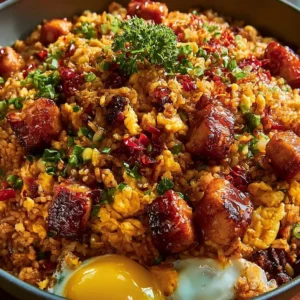 Plate of Bang Bang Fried Rice topped with fresh vegetables and herbs