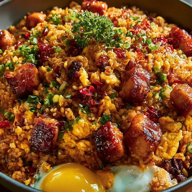 Plate of Bang Bang Fried Rice topped with fresh vegetables and herbs