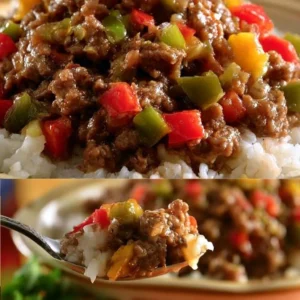 Delicious Beef and Pepper Rice Bowls with colorful peppers and rice.