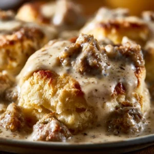 Delicious biscuits topped with savory sausage gravy on a plate