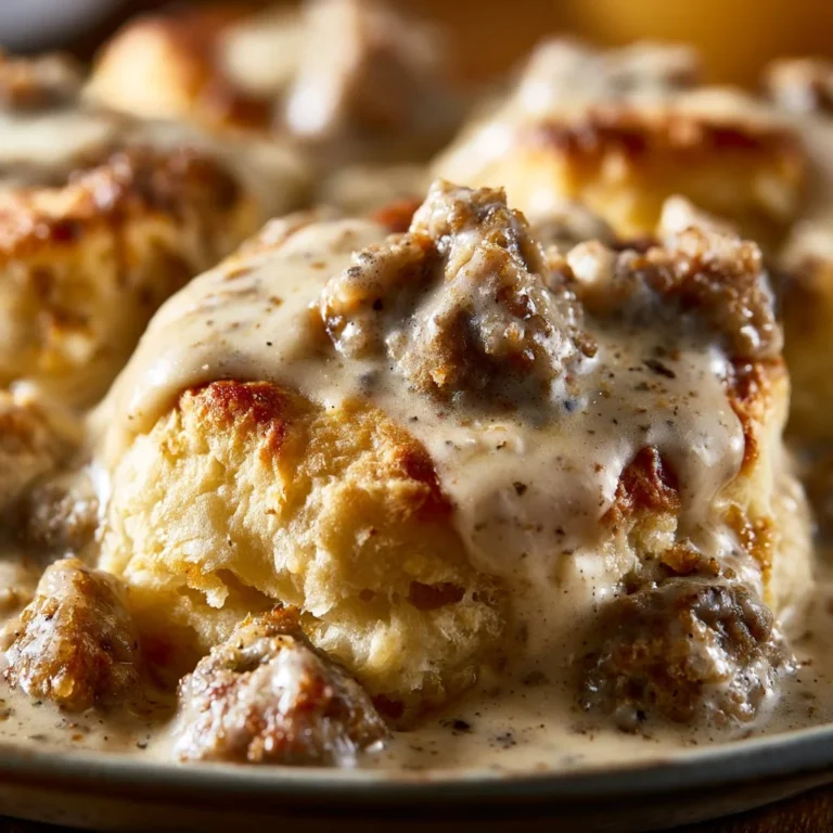 Delicious biscuits topped with savory sausage gravy on a plate