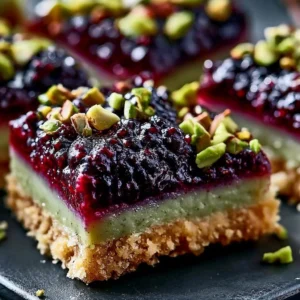 Delicious Blackberry Pistachio Dream Bars topped with fresh blackberries and pistachios