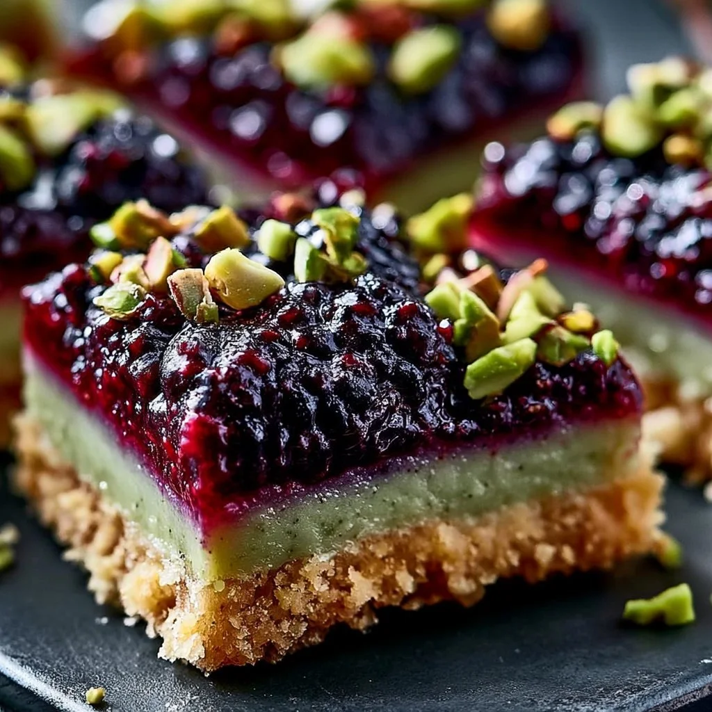 Delicious Blackberry Pistachio Dream Bars topped with fresh blackberries and pistachios