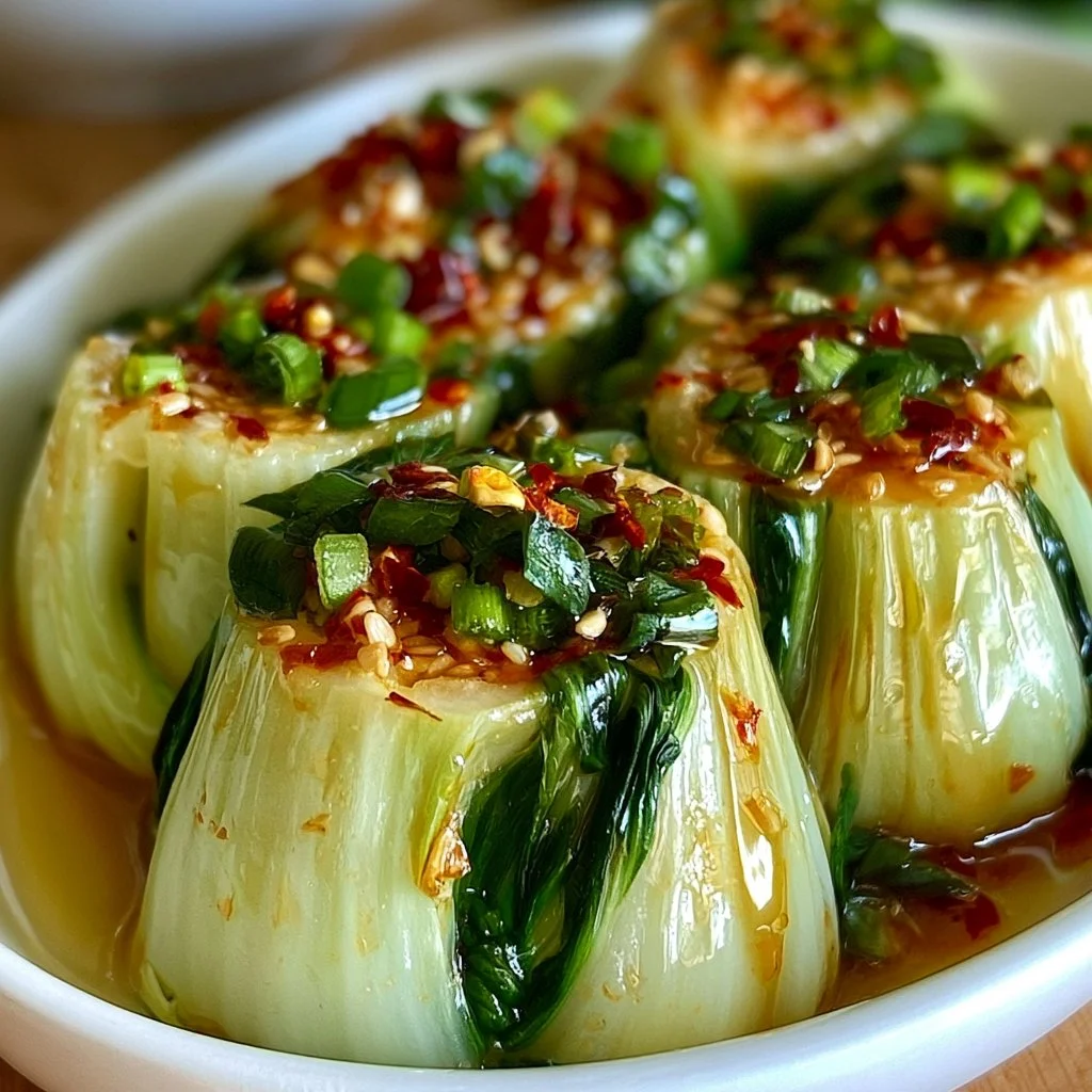 Bok Choy with Ginger Chili Sauce served in a bowl, garnished with chili flakes