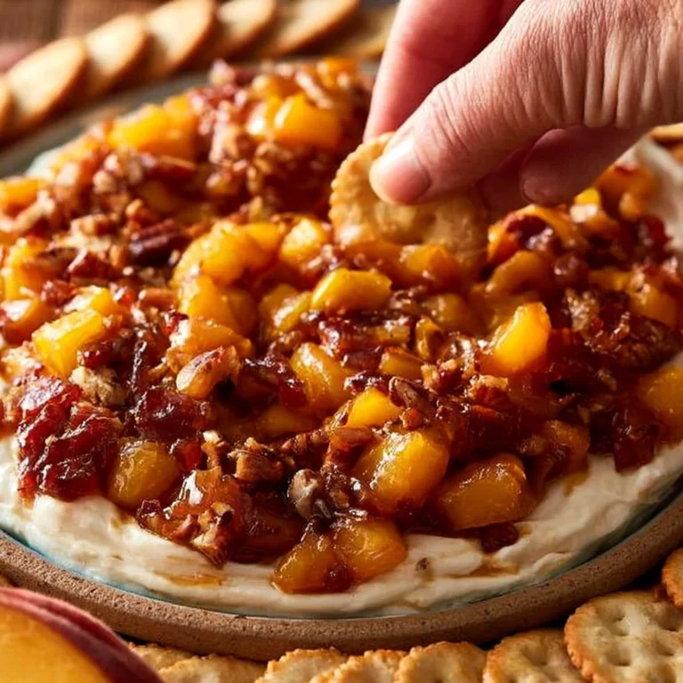 Delicious Bourbon Peach Pecan Dip served in a bowl with toppings