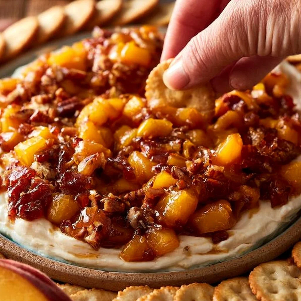 Delicious Bourbon Peach Pecan Dip served in a bowl with toppings