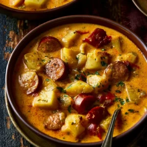 Bowl of creamy Cajun Potato Soup garnished with green onions and spices
