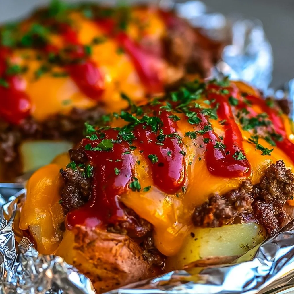 Cheeseburger foil packets ready for grilling at a summer barbecue