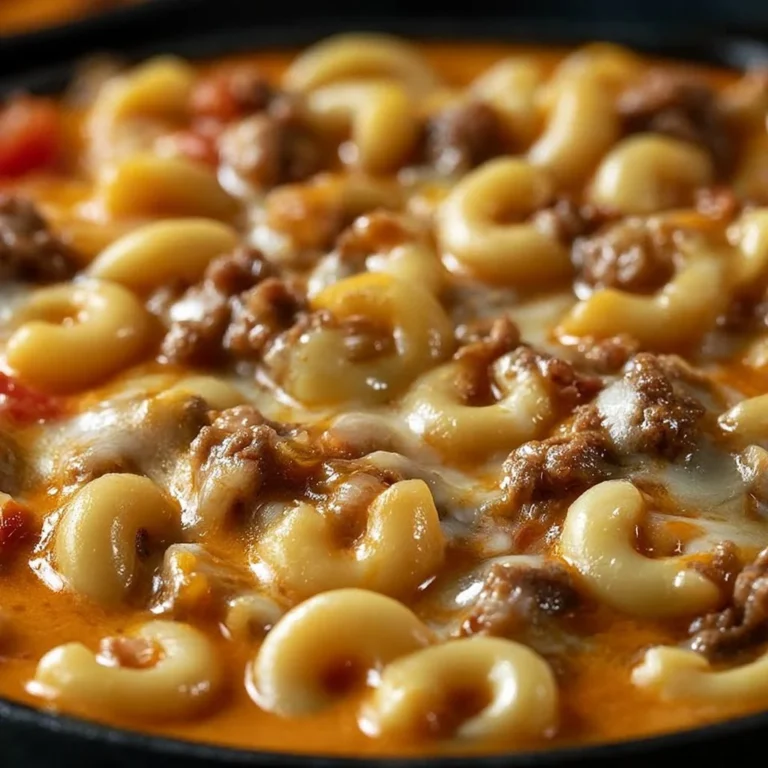 Delicious bowl of cheeseburger macaroni soup garnished with herbs