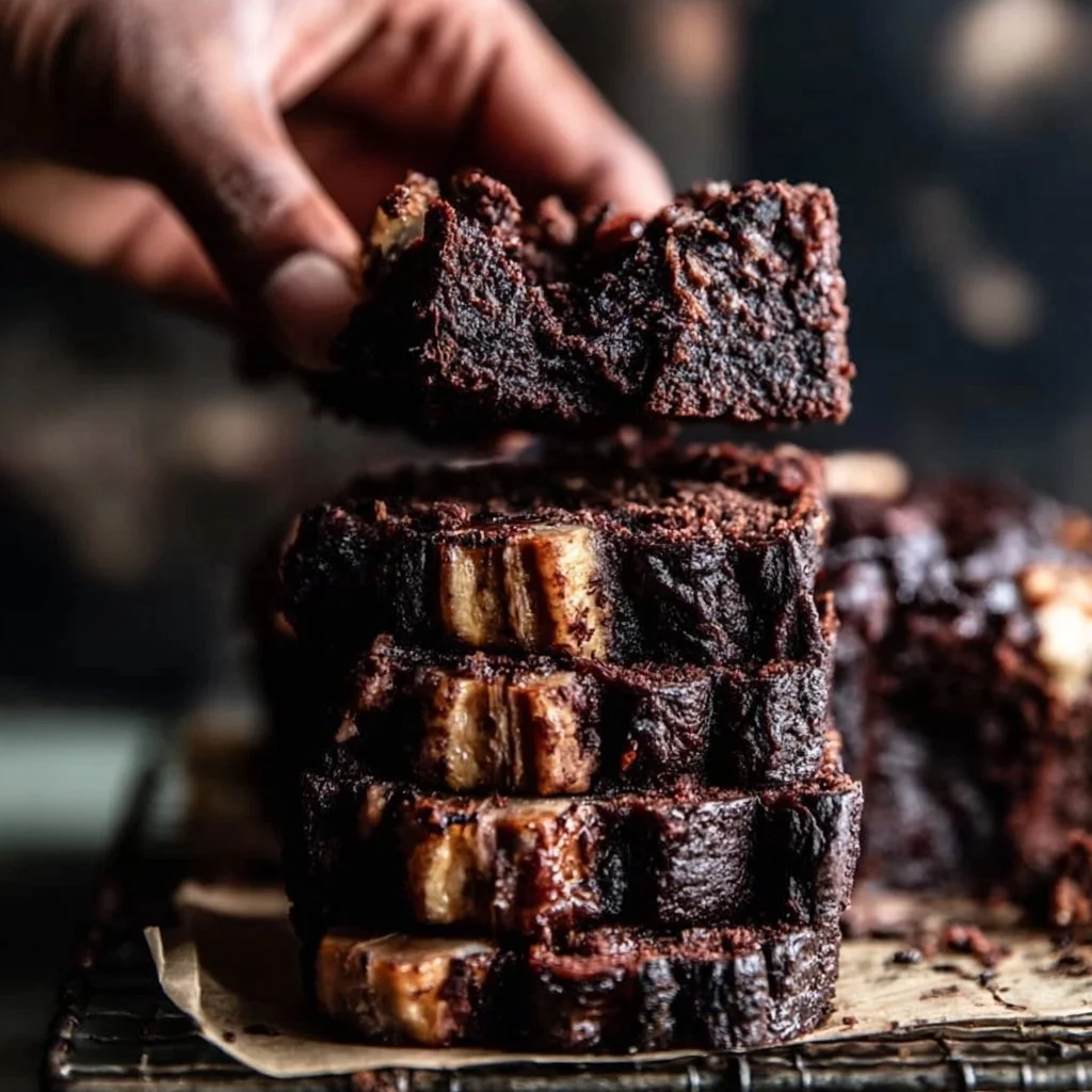 Chocolate Espresso Banana Bread served on a wooden plate
