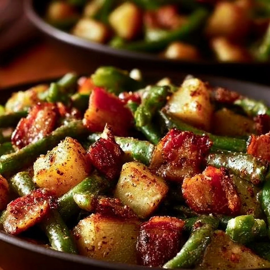 Country ranch green beans and potatoes with bacon in a rustic serving dish