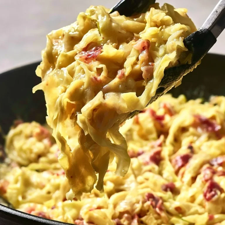 Creamy Cabbage Carbonara with crispy bacon and grated cheese