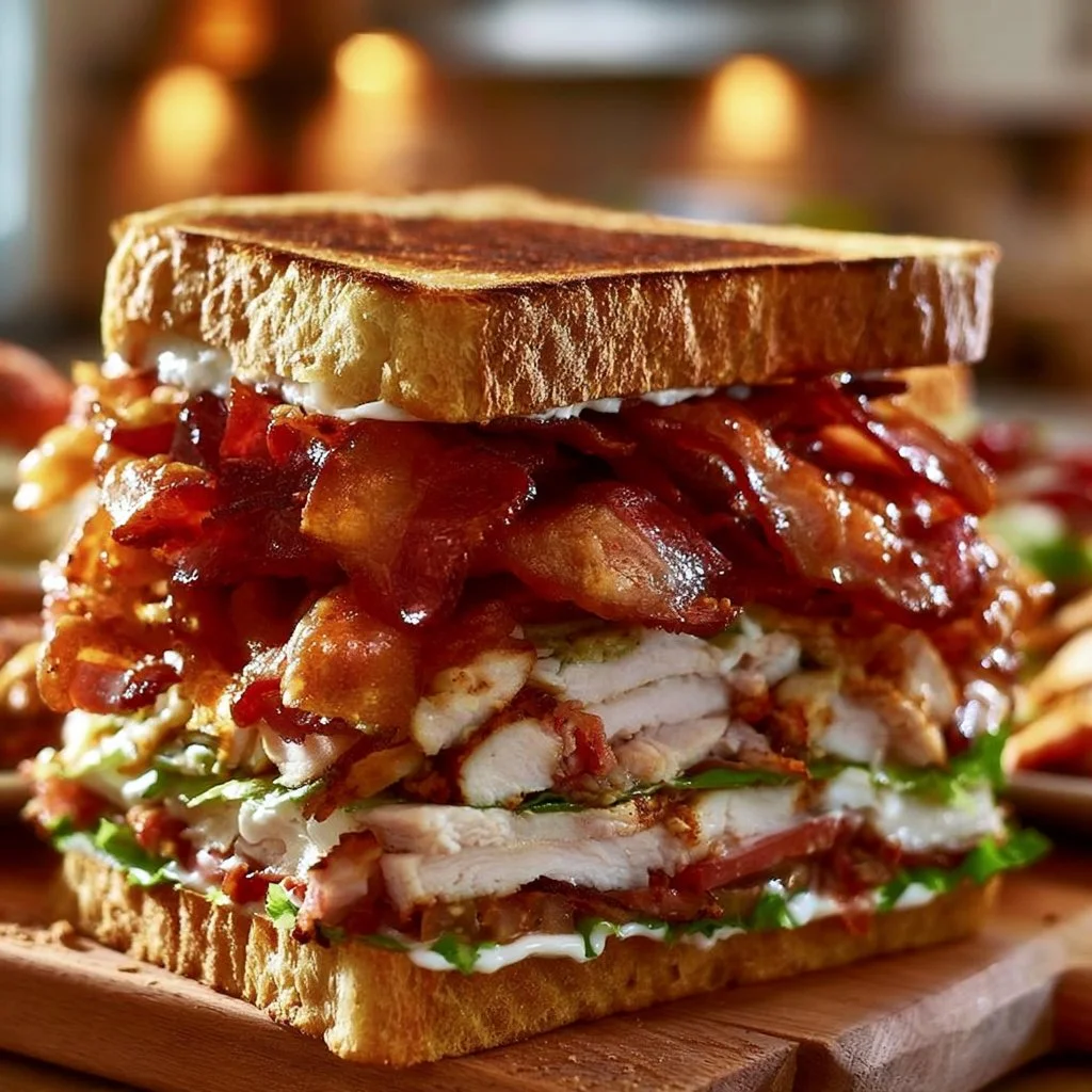 Crispy ultimate club sandwich with layers of turkey, bacon, and fresh vegetables