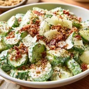 Fresh Cucumber Caesar Salad with crisp lettuce and creamy dressing