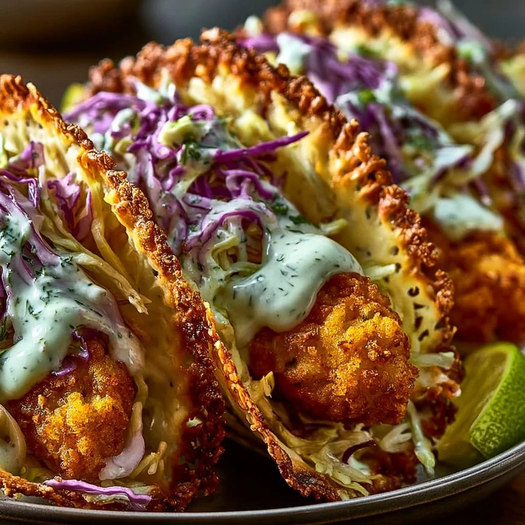 Dill Pickle Ranch Smash Chicken Tacos topped with crispy cheese