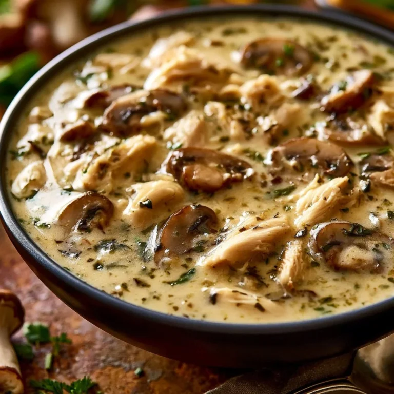 Bowl of easy rotisserie chicken mushroom soup garnished with herbs
