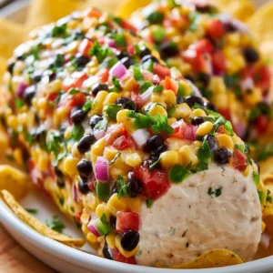 Fiesta Cowboy Caviar Cheese Log with colorful ingredients on a platter