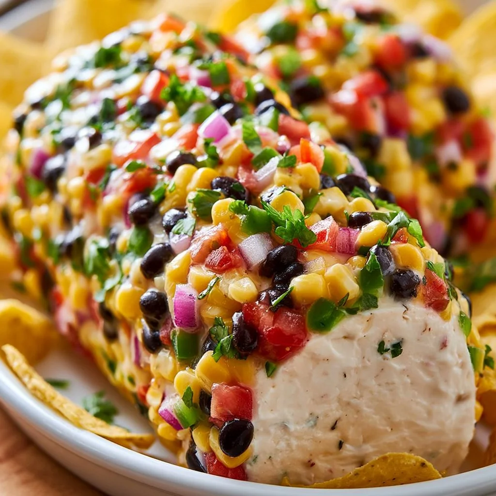 Fiesta Cowboy Caviar Cheese Log with colorful ingredients on a platter