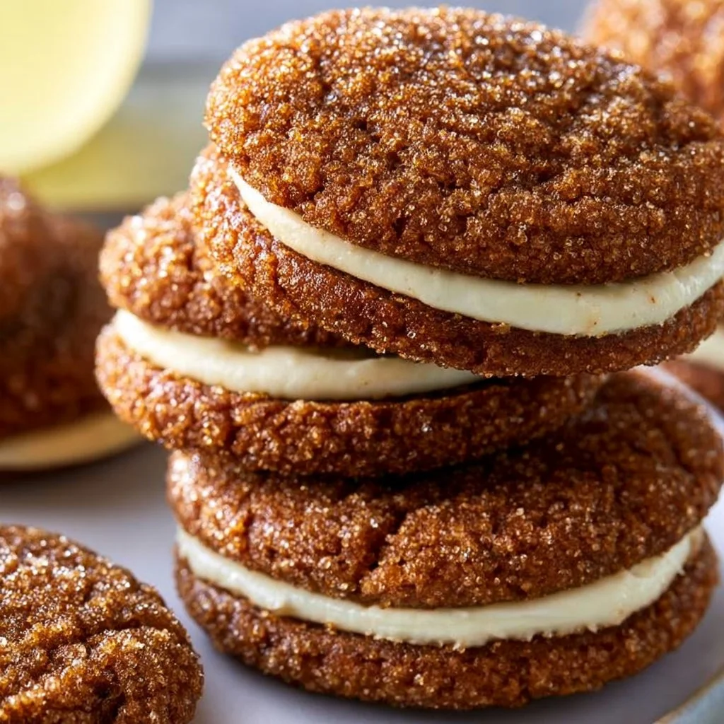 Ginger molasses sandwich cookies with eggnog frosting on a festive plate.