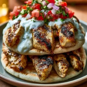 Delicious Greek Chicken Gyros served with fresh toppings in a pita wrap