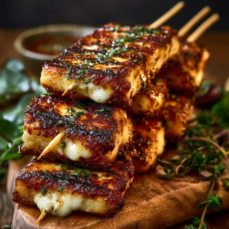 Grilled halloumi skewers garnished with lemon and thyme on a serving platter.