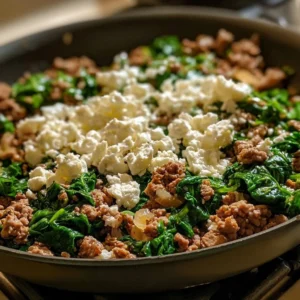 Ground Beef and Spinach Skillet topped with Feta cheese, ready to serve.