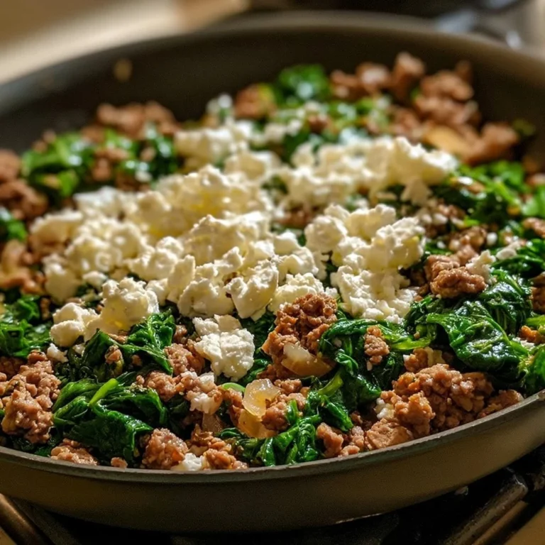 Ground Beef and Spinach Skillet topped with Feta cheese, ready to serve.