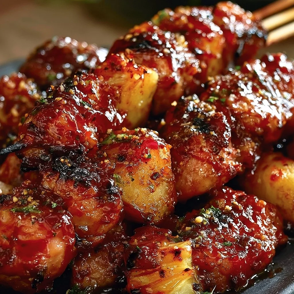 Hawaiian Teriyaki Chicken Kabobs ready to be grilled with colorful vegetables.