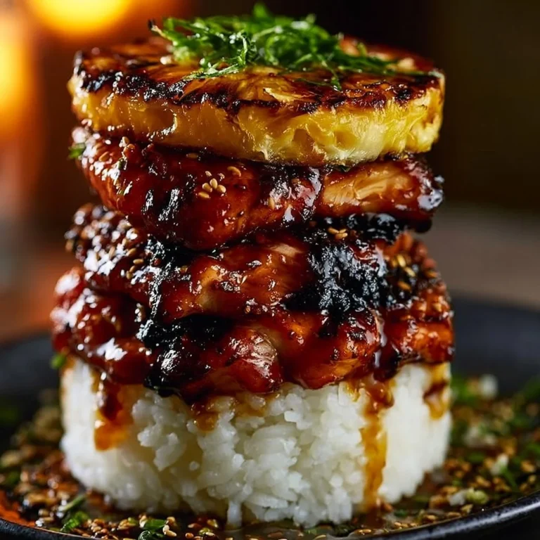 Hawaiian Turn Turn Chicken Stack topped with fresh herbs and colorful vegetables