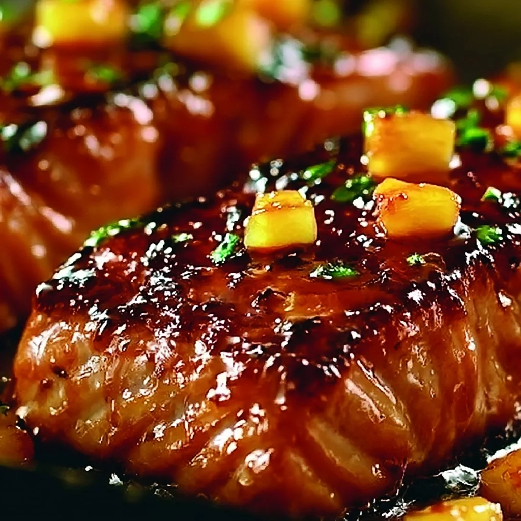 Delicious Honey Pineapple Salmon served with tropical fruits and herbs