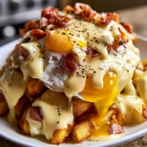 Delicious breakfast poutine topped with hollandaise sauce