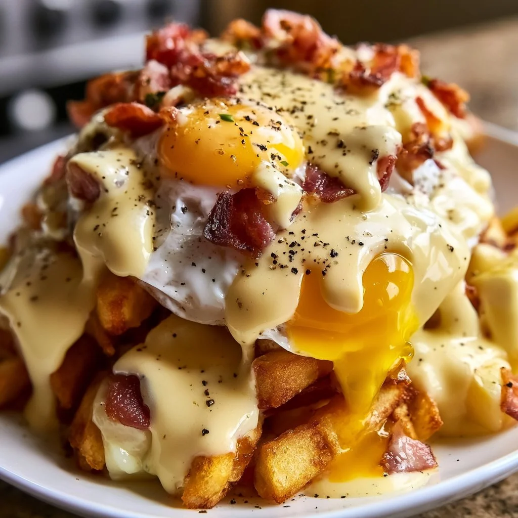 Delicious breakfast poutine topped with hollandaise sauce