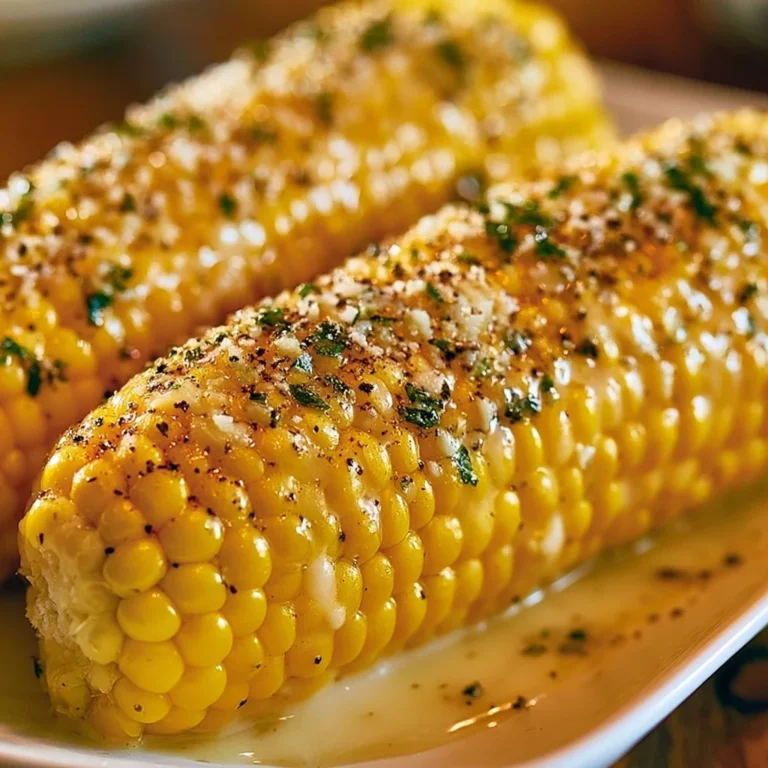 Delicious Garlic Parmesan Corn on the Cob served with a buttery sauce
